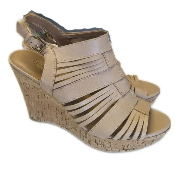 Franco Sarto nude strappy sandals, leather upper, 4.5" wedge heel, 9 - Picture 4 of 7